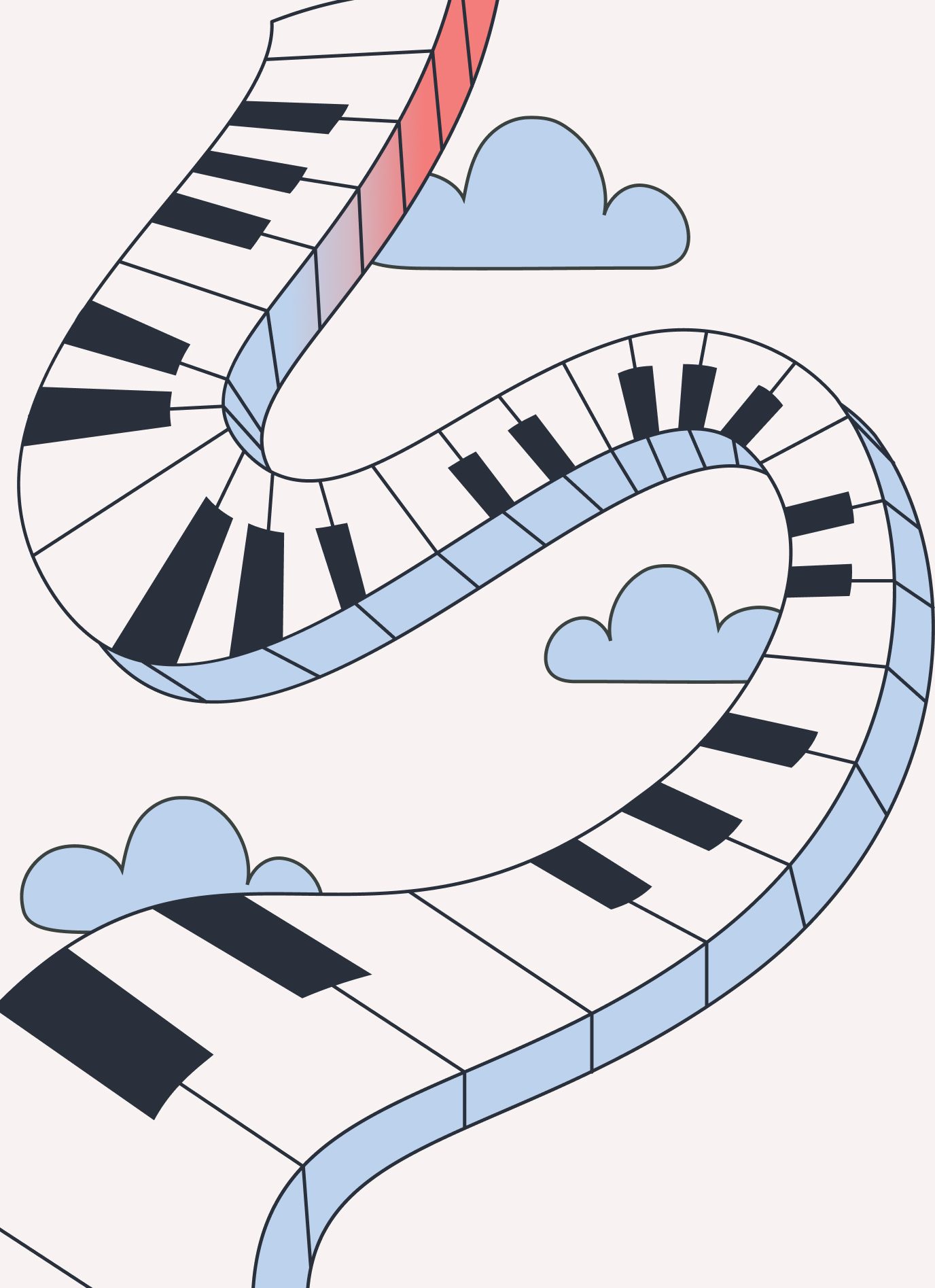 A brightly colored drawing of piano keys serpentining down the page 