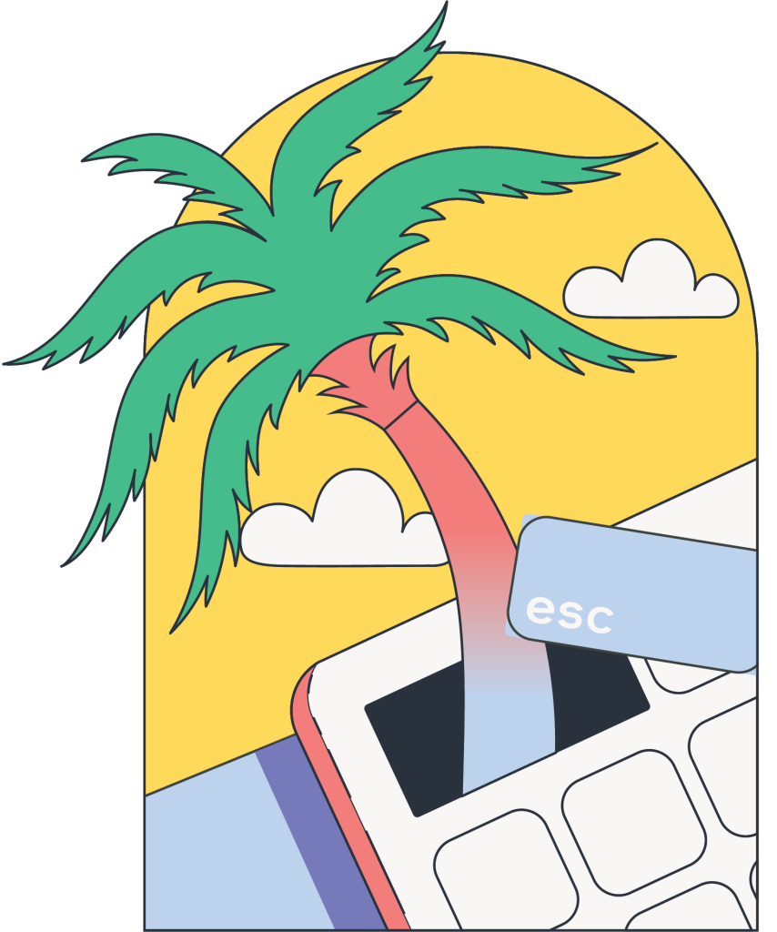 A brightly colored drawing of a palm tree sprouting out of the "escape" key on a computer keyboard