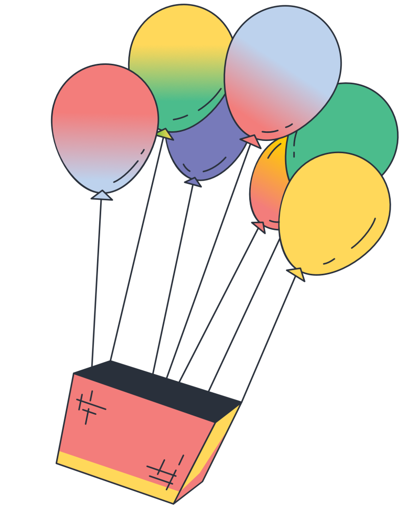A brightly colored drawing of party balloons tied to a flying basket